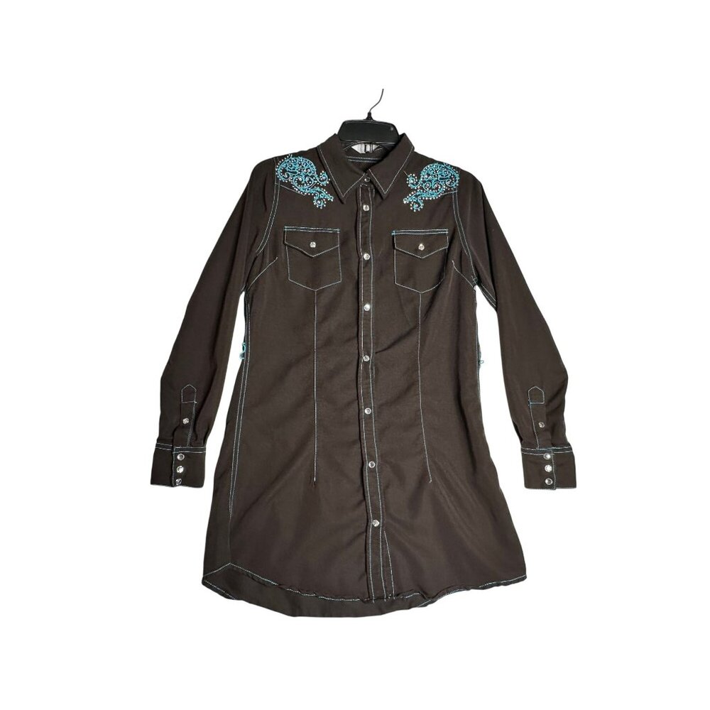 Cowgirl Hardware L/S Brown Turquoise Bling Snap Shirt Womens‎ Small